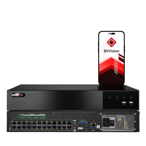 Na zdjęciu znajduje się czarny rejestrator sieciowy marki Keeyo z licznymi portami na tylnej ściance. Na rejestratorze stoi smartfon z wyświetloną aplikacją BitVision.