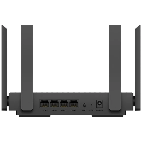 Czarny router Wi-Fi z czterema antenami, widoczny od tyłu z portami WAN, LAN1, LAN2, LAN3 oraz przyciskami WPS, reset i power. Urządzenie ma nowoczesny, minimalistyczny design.