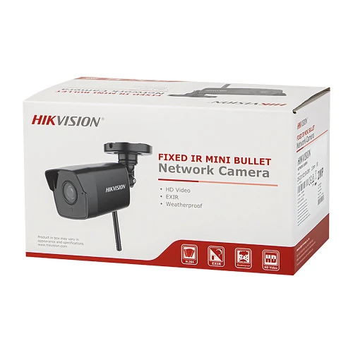 Kamera sieciowa tubowa IP marki Hikvision, model Fixed IR Mini Bullet, zapakowana w biało-czerwone pudełko z informacjami o funkcjach takich jak HD Video, EXIR i odporność na warunki atmosferyczne. Na opakowaniu znajdują się również ikony przedstawiające cechy produktu oraz zdjęcie kamery.
