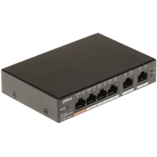Czarny, prostokątny switch sieciowy Dahua z pięcioma portami Ethernet na przednim panelu. Po lewej stronie znajduje się przycisk reset, a po prawej dwie diody LED.