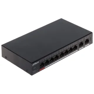 Na zdjęciu znajduje się czarny, prostokątny switch sieciowy Dahua z ośmioma portami Ethernet na przednim panelu. Urządzenie ma oznaczenia portów i diody sygnalizacyjne po prawej stronie.