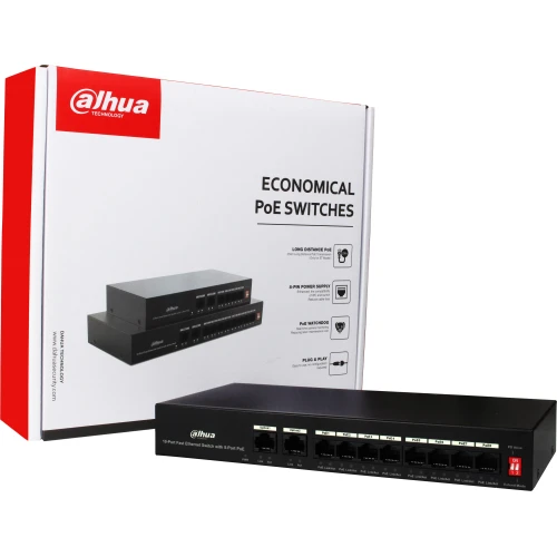 Na zdjęciu znajduje się czarny switch PoE marki Dahua z ośmioma portami Ethernet, oznaczony jako model PFS3010-8ET-65. W tle widoczny jest biało-czerwony karton z grafiką przedstawiającą produkt oraz logo producenta.
