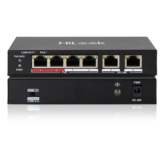 Na zdjęciu znajduje się czarny switch sieciowy HiLook z czterema portami PoE i dwoma portami uplink. Urządzenie posiada oznaczenia LED dla każdego portu oraz przełącznik trybu "Extend".