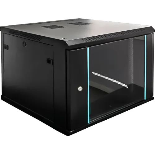 Czarna, wisząca szafa rack z przeszklonymi drzwiami i wentylacją na górze. Szafa ma kompaktowy, nowoczesny design z niebieskimi akcentami na krawędziach drzwi.