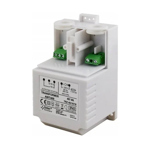 Biały transformator AWT468 TRZ o mocy 40 VA z widocznymi złączami i oznaczeniami technicznymi na obudowie. Urządzenie posiada zielone terminale i jest przeznaczone do montażu na szynie DIN.