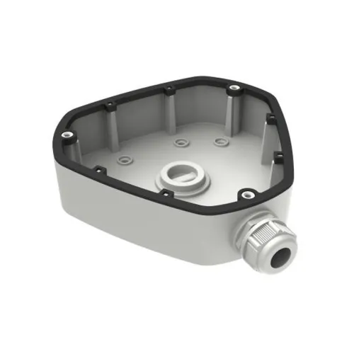 Zdjęcie przedstawia biały uchwyt kamery o trójkątnym kształcie z czarnym wykończeniem na krawędziach. Uchwyt posiada kilka otworów montażowych oraz złącze kablowe z boku.