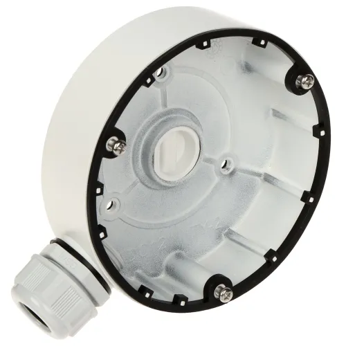 Okrągły uchwyt kamery w kolorze białym z metalicznym wnętrzem i czterema otworami montażowymi. Posiada plastikową złączkę kablową z boku.