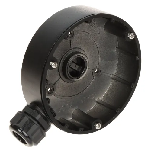 Czarny uchwyt kamery Hikvision DS-1280ZJ-DM8 z widocznymi otworami montażowymi i złączem kablowym. Uchwyt ma okrągły kształt i solidną konstrukcję.