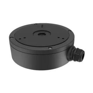 Czarny, okrągły uchwyt kamery z kilkoma otworami montażowymi i złączem kablowym z boku. Produkt wykonany z metalu, przeznaczony do montażu kamer Hikvision.