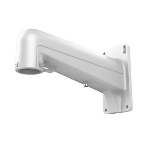 Biały uchwyt kamery montażowej z zaokrąglonymi krawędziami, przeznaczony do instalacji na ścianie. Posiada otwory montażowe i jest wykonany z trwałego materiału.