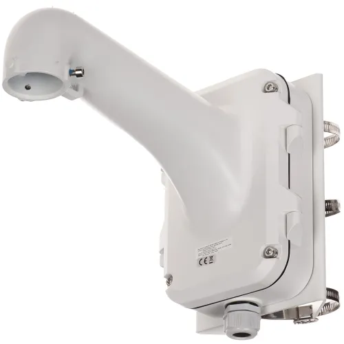 Biały uchwyt kamery monitoringu z mocowaniem ściennym, wykonany z metalu i tworzywa sztucznego. Posiada otwory montażowe oraz złącza kablowe.