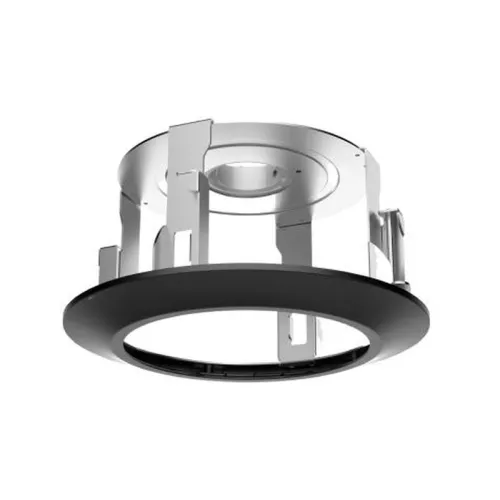 Uchwyt sufitowy do kamery Hikvision DS-1671ZJ-SDM9 w kolorze srebrnym z czarnym pierścieniem. Konstrukcja jest cylindryczna z otworami montażowymi.