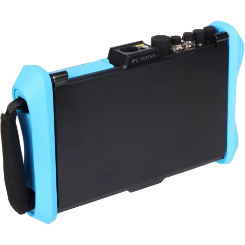 Przenośne urządzenie testujące z niebieską obudową ochronną i uchylną osłoną ekranu. Na górze znajdują się różne złącza i przyciski.