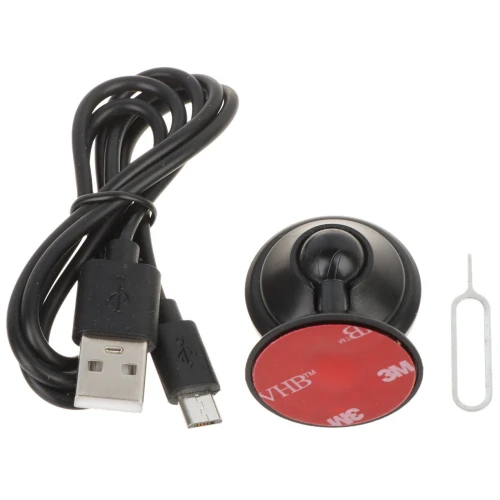 Zdjęcie przedstawia czarny kabel USB z wtyczką micro USB oraz czarną przyssawkę z czerwoną naklejką 3M VHB. Obok znajduje się metalowy kluczyk do wyjmowania tacki SIM.