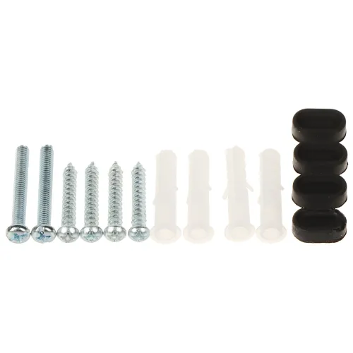 Na zdjęciu znajduje się zestaw montażowy składający się z sześciu metalowych wkrętów, czterech plastikowych kołków rozporowych oraz czterech czarnych gumowych elementów. Elementy są ułożone w rzędzie na białym tle.