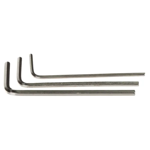 Trzy klucze imbusowe o różnych rozmiarach ułożone równolegle na białym tle. Klucze są metalowe i mają charakterystyczny kształt litery "L".