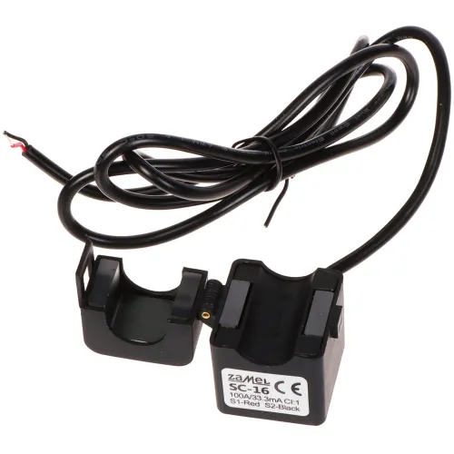 Zdjęcie przedstawia czarny czujnik prądowy Zamel SC-16 z otwartym rdzeniem i przewodem zakończonym dwoma odsłoniętymi końcówkami. Na obudowie widoczne są oznaczenia techniczne oraz logo producenta.