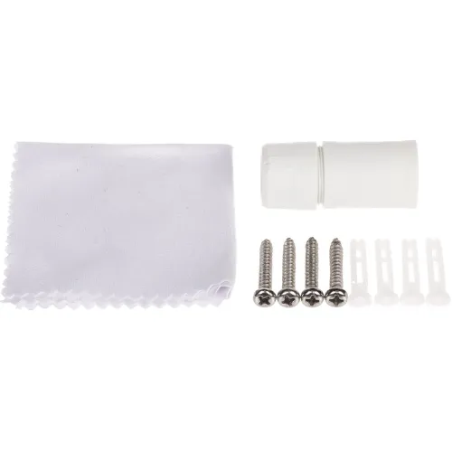 Na zdjęciu znajduje się biały materiał, cztery srebrne śruby, cztery białe kołki rozporowe oraz biały element cylindryczny. Elementy te są ułożone na białym tle.