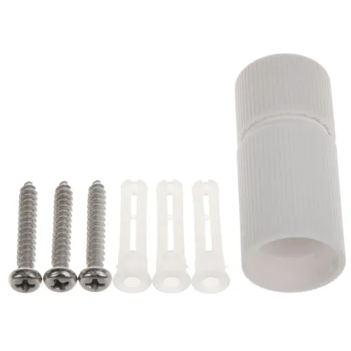 Na zdjęciu znajduje się biały, cylindryczny uchwyt oraz trzy metalowe wkręty i trzy plastikowe kołki rozporowe. Elementy te są ułożone na białym tle.