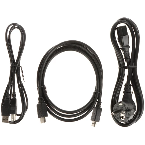 Na zdjęciu znajdują się trzy czarne kable: kabel USB z dwoma różnymi końcówkami, kabel HDMI oraz kabel zasilający z wtyczką europejską. Każdy z kabli jest zwinięty i ułożony obok siebie na białym tle.