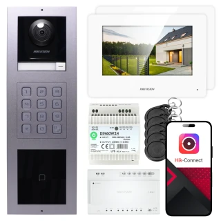 2-vezetékes Hikvision videó kaputelefon 2x monitor DS-KH6320Y-WTE2 fehér, süllyesztett panel, billentyűzet, olvasó