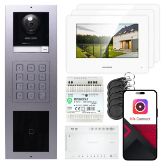 2-vezetékes Hikvision videó kaputelefon 3x monitor DS-KH6320Y-WTE2 fehér, süllyesztett panel, billentyűzet, olvasó