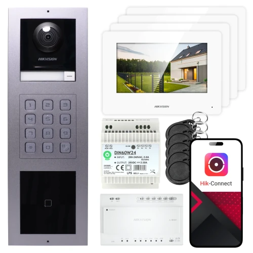 2-vezetékes Hikvision videó kaputelefon 4x monitor DS-KH6320Y-WTE2 fehér, süllyesztett panel, billentyűzet, olvasó