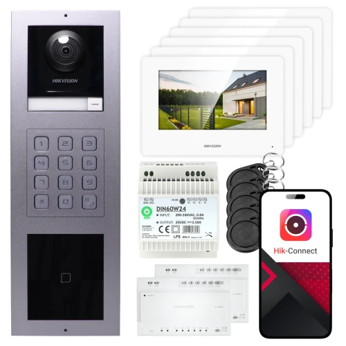 Hikvision 2-vezetékes videó kaputelefon 6x monitor DS-KH6320Y-WTE2 fehér, felületi panel, billentyűzet, olvasó