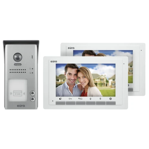 EURA VDP-70A5/N WHITE "2EASY" videókaputelefon - kétszobás, 2x LCD 7", fehér, Unique 125 kHz-es közelítő olvasó, felszíni szerelésű