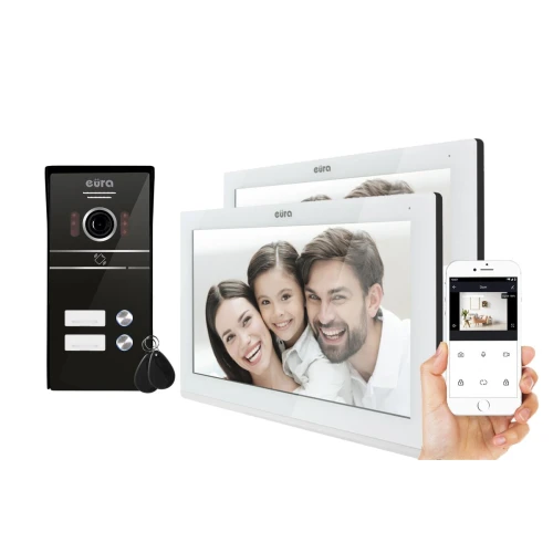 EURA VDP-82C5 videókaputelefon - kétszobás fehér 2x LCD 7'' FHD, 2 kamera bemenet támogatása 1080p RFID olvasó felületi