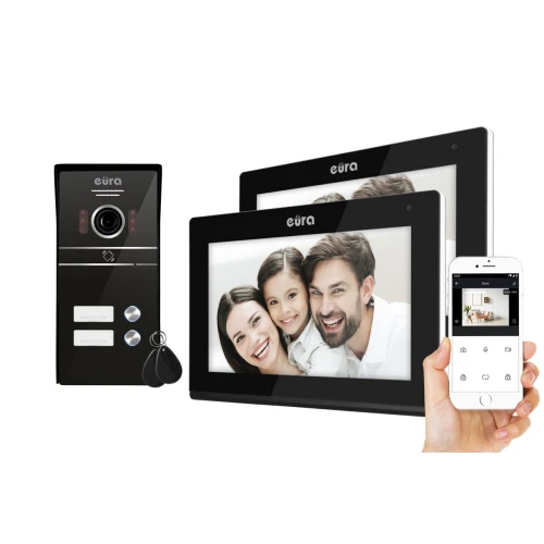EURA VDP-82C5 videókaputelefon - kétszobás fekete 2x LCD 7'' FHD támogatja a 2 bemenetet, 1080p kamera, RFID olvasó felületre szerelhető