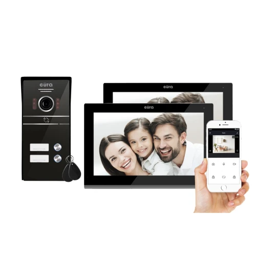 EURA VDP-82C5 videókaputelefon - kétszobás fekete 2x LCD 7'' FHD támogatja a 2 bemenetet, 1080p kamera, RFID olvasó felületre szerelhető