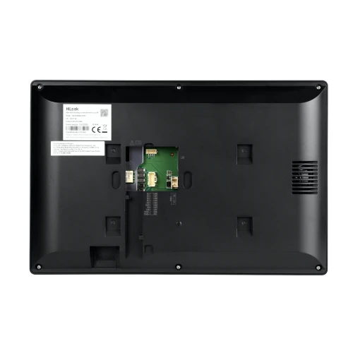 Tył wideodomofonu HiLook z widocznymi złączami i etykietą informacyjną. Obudowa jest czarna z otworami montażowymi i kratką wentylacyjną.