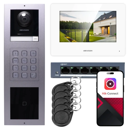 IP videó kaputelefon Hikvision 1x monitor DS-KH6320-WTE1-W, felületre szerelhető, panel, billentyűzet, olvasó