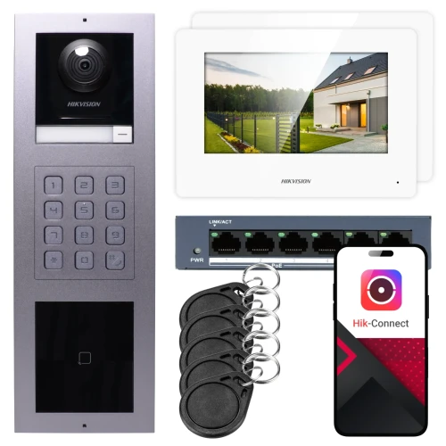 IP videó kaputelefon Hikvision 2x monitor DS-KH6320-WTE1-W, süllyesztett, panel, billentyűzet, olvasó