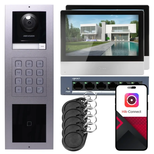 IP videó kaputelefon Hikvision 2x monitor DS-KH8350-WTE1, felületi, panel, billentyűzet, olvasó