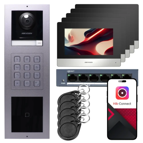 Hikvision IP videó kaputelefon 5x monitor DS-KH6320-WTE1, felületre szerelhető, panel, billentyűzet, olvasó