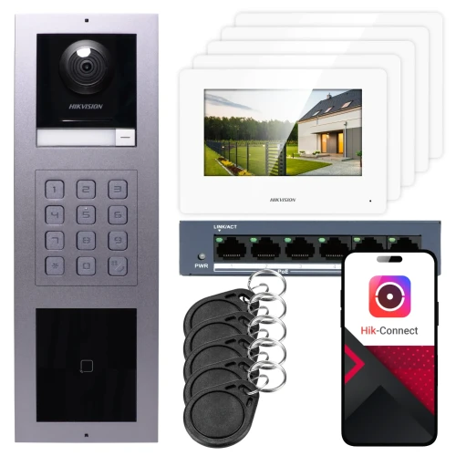 IP videó kaputelefon Hikvision 5x monitor DS-KH6320-WTE1, felületi, panel, billentyűzet, olvasó