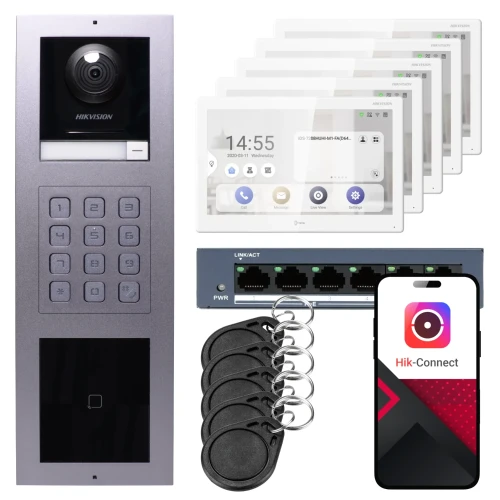 Hikvision IP videó kaputelefon 5x monitor DS-KH9510-WTE1(B), felületi, panel, billentyűzet, olvasó