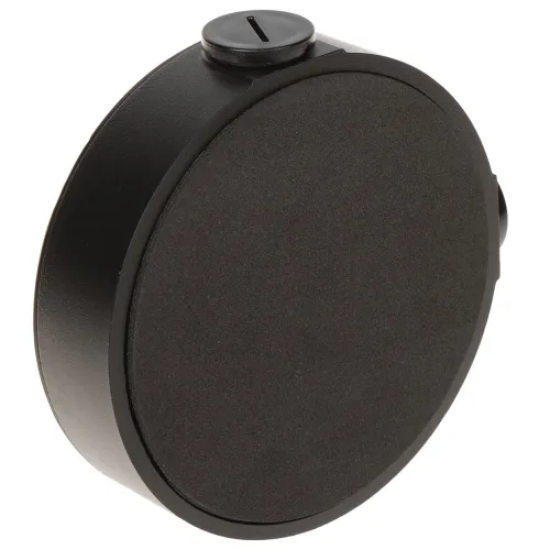 Czarny, okrągły uchwyt ścienny z gładką powierzchnią i widocznym elementem mocującym na górze. Produkt ma minimalistyczny design i jest przeznaczony do montażu na ścianie.