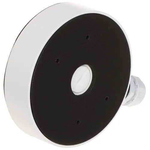 Okrągła, biała obudowa montażowa z czarnym frontem i centralnym otworem, przeznaczona do mocowania na ścianie. Po prawej stronie znajduje się złącze kablowe.