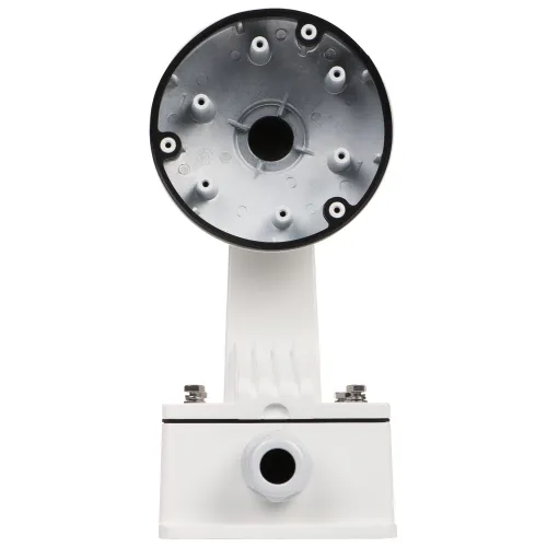 Zdjęcie przedstawia widok od strony mocowania kamery, ukazując metalową podstawę z otworami montażowymi. Podstawa jest przymocowana do białego uchwytu z widocznymi śrubami i złączem kablowym.