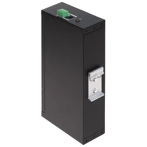 Czarny, prostokątny moduł elektroniczny z metalowym uchwytem montażowym z boku. Na górnej części widoczne są złącza i przełącznik.