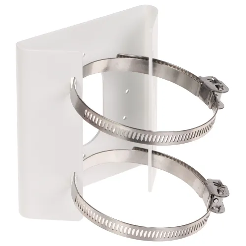 Zdjęcie przedstawia biały uchwyt montażowy z dwoma metalowymi opaskami zaciskowymi. Uchwyt jest przeznaczony do mocowania na pionowej powierzchni.