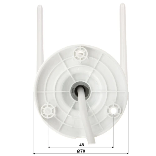 Zdjęcie przedstawia biały uchwyt montażowy z okrągłą podstawą, wyposażony w trzy otwory montażowe i centralnie umieszczony przewód. Produkt ma wymiary 70 mm średnicy i 48 mm wysokości.