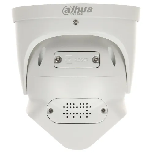 Biała kamera monitoringu marki Dahua z widocznym logo na górze, posiada przycisk resetu i otwory wentylacyjne. Kamera ma nowoczesny, zaokrąglony design i jest przeznaczona do montażu na suficie lub ścianie.