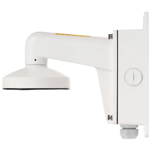 Biały uchwyt montażowy do kamery, widoczny z boku, z okrągłą podstawą i prostokątną płytą mocującą. Uchwyt posiada kilka śrub montażowych i złącze kablowe na dole.