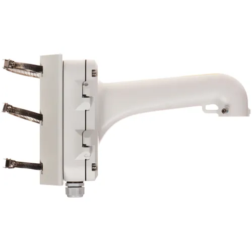 Zdjęcie przedstawia biały uchwyt antenowy z widocznymi elementami montażowymi i złączami. Uchwyt jest sfotografowany z boku na białym tle.