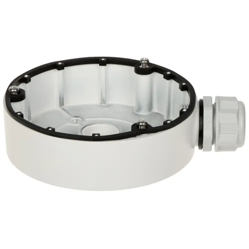 Okrągła, metalowa puszka montażowa z plastikowym wykończeniem i kilkoma śrubami na krawędziach. Po prawej stronie znajduje się złącze kablowe z oznaczeniem "G3/4".