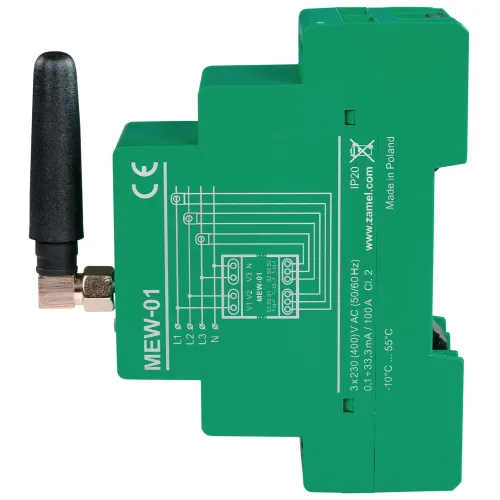 Zielony moduł MEW-01 z anteną, oznaczeniami technicznymi i schematem połączeń na boku. Urządzenie posiada złącza na dole i jest przeznaczone do montażu na szynie DIN.